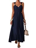 LIAMERHE Vestido Verano Mujer Largo Maxi Vestido de Playa Sin Mangas Boho Chic Cuello en V Vestido Línea A Elegante Casual de Cintura Alta para Fiesta Boda Vacaciones Azul Marino L