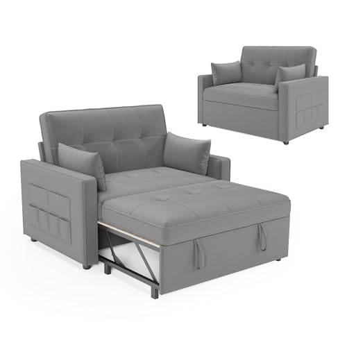 LUXOAK Schlafsofa 186 x 122 cm mit 5-stufig Verstellbarer Rückenlehne, 3-in-1 Schlafcouch mit Kissen und Seitentasche, hellgraues Leinen-Sofa für Gästezimmer & kleine Räume