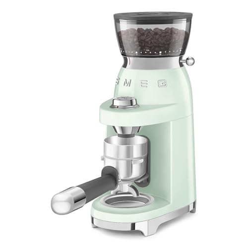 Image of SMEG CGF03 Burr Coffee Grinder, Electric Conical Burr Grinder with 15 Grind Settings, 8 Presets, 240g Bean Hopper, Espresso, Moka & Drip Coffee Grinder, 50's Retro Style (Pastel Green)