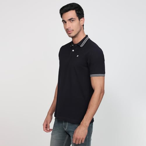 Image of Raymond Men Modern Fit Solid Pattern Pure Cotton Polo Neck Half Sleeve Casual T-Shirt