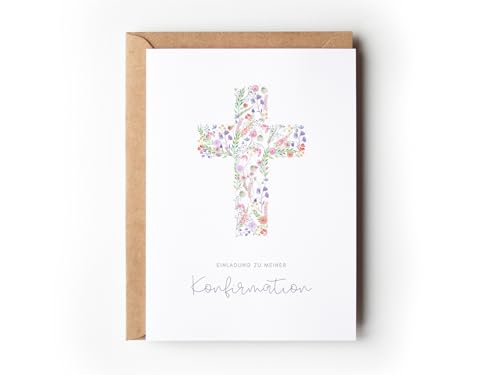 Paperlane by Essi 10 Einladungskarten Konfirmation Blumen Kreuz mit Umschlägen Boho Einladungen Konfirmation floral zum Ausfüllen Einladung Pastell Mädchen (Einladung Konfirmation florales Kreuz)