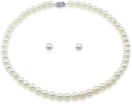 Akwaya 14k White Gold 6.5-7.0mm White Akoya Cultured Pearl High Luster Necklace 18" with Stud Earring Set