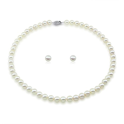 Akwaya 14K White Gold 6.5-7.0Mm White Akoya Cultured Pearl High Luster Necklace 18" With Stud Earring Set #TOP2