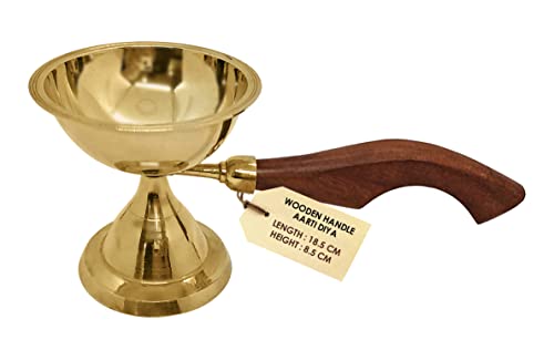 SATVIK Large Pure Brass Aarti Diya with Wooden Handle | Traditional Puja Lamp for Home Temple | Handcrafted Brass Oil Diya for Pooja Rituals & Festive Decor