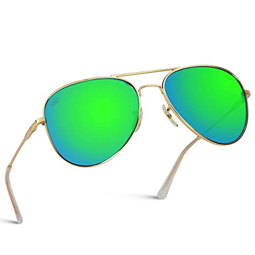 WearMe Pro - Polarized Metal Frame Pilot Style Aviator Sunglasses (Gold Frame/Mirror Green Lens, 60)