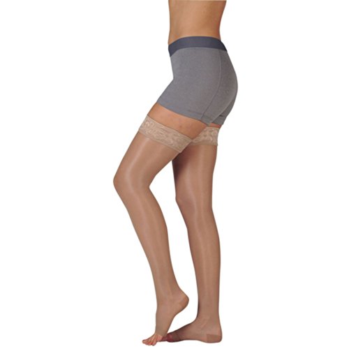 Image of Juzo Naturally Sheer Compression Thigh High w /Silicone Top Band Closed Toe 15-20mmHg, III, Beige