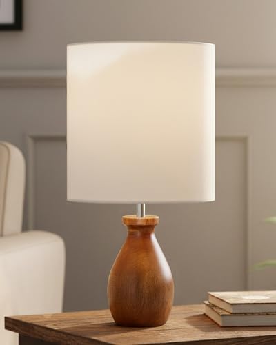 Homesake® Wooden Table Lamp Bedside & Living Room Lamp | E27 Holder, Bulb Included | Warm Light | Desk Nightstand Light, Decorative Lamp for Bedroom, Study & Home Décor, White Drum