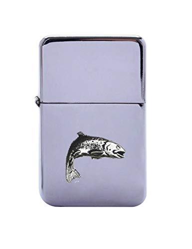 Briquet à essence rechargeable argenté coupe-vent avec motif gravé pêche à la truite