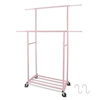 Fishat Portable Pink Double Rods Garment Rack with Rolling Clothes Organizer on Lockable Wheels Mobile for Gilr Women, 48\" W x 15\" D x 67\" H, Metal Simple Hanging Clothes with 2 Hook