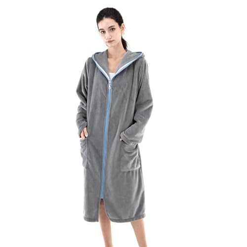COSUSKET Women's Bathrobe, Zipper Sleepwear Nightgowns Fleece Long Sleeve Zip up Hooded Robes with Pockets House Coat