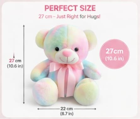 Image of Rainbow Teddy Bear with Pink Bow | Colorful Soft Plush Toy for Kids & Girls | Cute Hugable Stuffed Animal Gift | Premium Soft Toy | 27CM