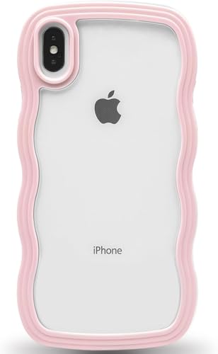 Image of GoldKart iPhone Xs Max Case Wavy Edge Clear Back Design, Anti-Slip Grip Cute Wave Curly Frame Shape Shockproof Soft TPU & Hard PC Bumper Protective Phone Case Cover for Women Girls - Pink