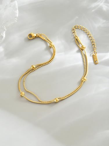Image of 18K Gold Plated Anklets for Women Dainty Non Tarnish Ankle Bracelets Cuban Link Chain Anklets Layered Heart Beads Rhinestone Anklet Trendy Foot Jewelry
