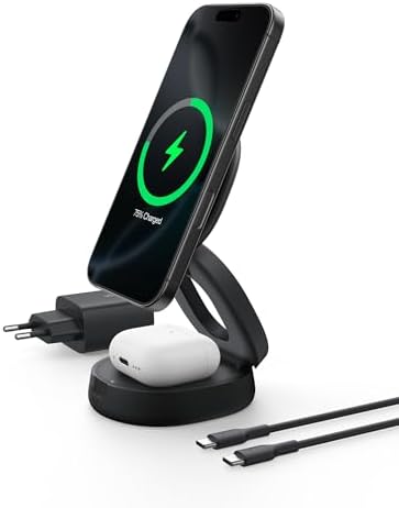 Belkin BoostCharge Chargeur 2-en-1 aimanté et Pliable, Station de Recharge Compatible MagSafe, certifié Qi2, 15 W, pour iPhone 17, iPhone Air, AirPods, Pixelsnap, Adaptateur 30 W Inclus - Noir