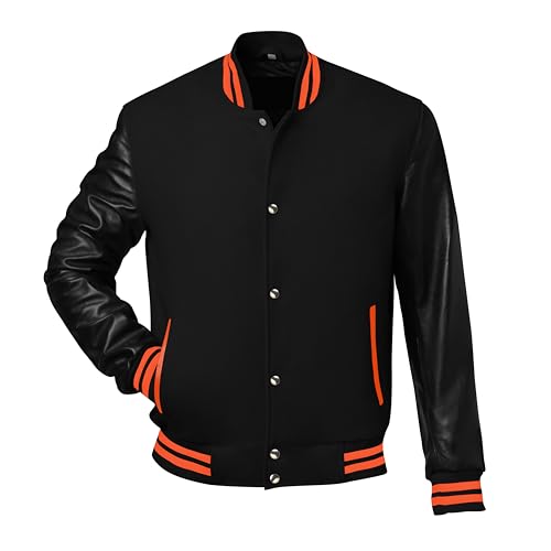 Image of Red And Black Letterman Jacket Men - Mens Black Varsity Letterman High School Baseball Bomber Jacket