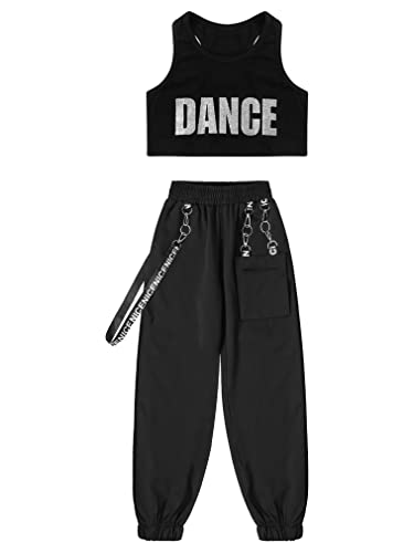 Image of FEESHOW Kids Girls Sports Crop Top with Elastic Waistband Trousers Cargo Pants for Gymnastic Dance Workout Outfit