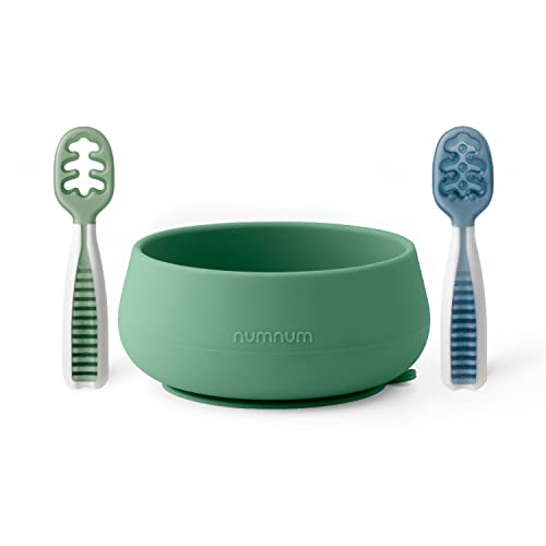 NumNum Baby Bowl & 2 Pack GOOtensils Baby Spoons, Suction Bowls for Baby 4+ Months, Extra Strong Non-Slip Suction, 100% Food-Grade Silicone, BPA-Free, Microwave & Dishwasher Safe (Green/Blue)