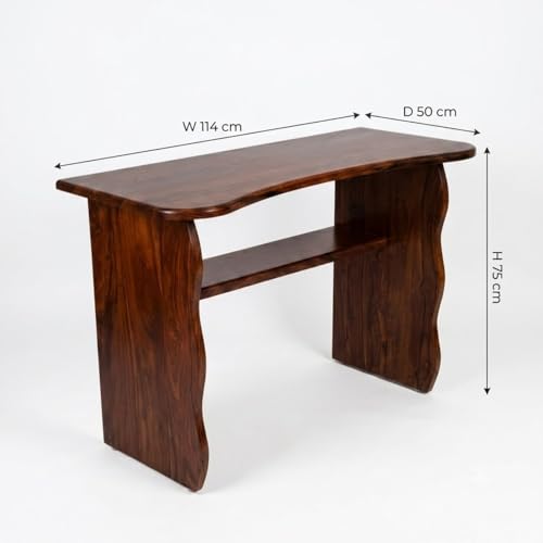 Image of Wooden Console Table for Living Room | Entryway Hallway Sofa & Fish Tank Table | Modern Curved Design with Open Storage Shelf | Decorative Display Stand Furniture | Brown Finish