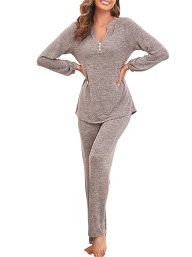 Famulily Women's Winter Pajama Set Long Sleeve Pyjama Tops & Pajama Bottoms 2 Pieces Khaki L
