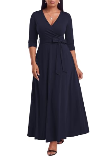 Image of FANDEE Plus Size Maxi Dress for Women Casual Summer Sundress V-Neck 3 /4 Sleeve | Print Fitted Wrap Dress with Pockets & Belt, Semi-Formal,3 /4-Sleeve V-Neck