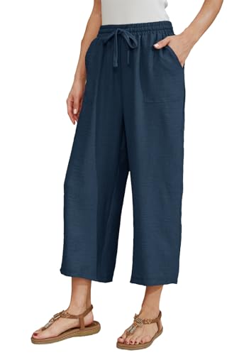 Fourindo Leinenhose Damen 7/8 Weites Bein Sommerhose Damen Leicht Elegant Leinenhose Stoffhose Causal Locker Freizeithose Hohe Taille Sommer Hosen für Urlaub und Alltag