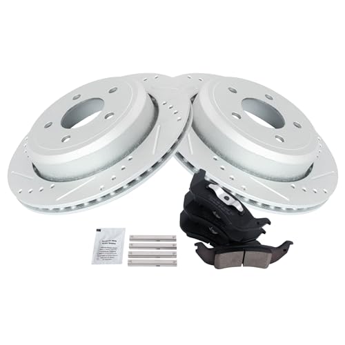 Image of TRQ Performance Rear Brake Pad and Rotor Set Ceramic Drilled Slotted G Coated Rotors Compatible with 2005-2011 Ford Crown Victoria 2005-2011 Mercury Grand Marquis