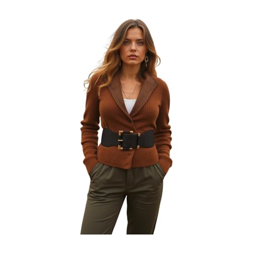 Women Elastic Waistband Wide Black Fashion Belt Hip Waist Gold Metal Square Buckle Size S M3