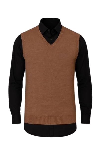 Wool Sleeveless Sweater Vest for Men | V-Neck Pullover for Office Sweater_018_Brown_XXL