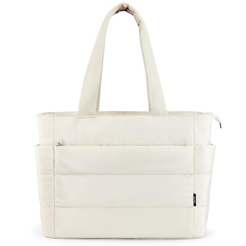 KALIDI Quilted Tote Bag, Carryall Puffer Messenger Laptop Bag Padded Shoulder Large Anti Splash Zipper Casual Work Gym Women, Creamy White -  JMB10-BEIGE