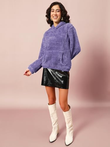 Image of THE DRY STATE Women's Basic Fit Teddy Fur Hoodie with Kangaroo Pocket