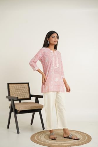 Image of Pure Cotton Printed Short Kurti for Women | Traditional Block Print Kurta Top | Casual & Workwear Ethnic Fashion