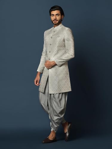 Men's Grey Jacquard Indowestern Sherwani & Dhoti Set – Regular Fit, Mandarin Collar | Indian Wedding & Festive Wear2