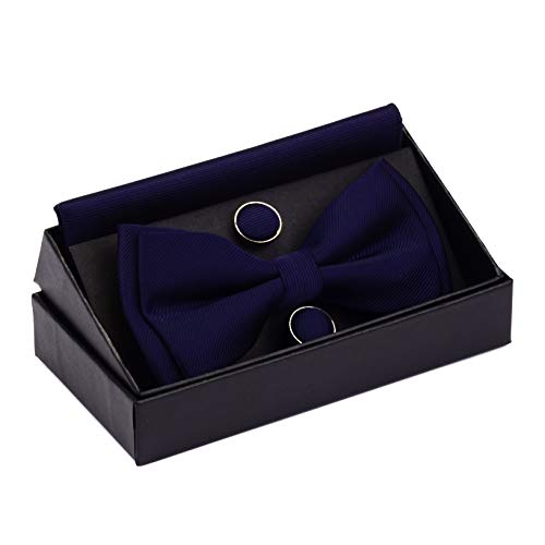 Image of GUSLESON Mens Solid Color Two Layer Pre-tied Bow Tie and Pocket Square Cufflink Set with Gift Box