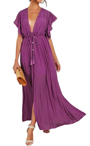 Image of R.Vivimos Maxi Dresses for Women 2026 Summer Short Sleeve V Neck Drawstring Tie Boho Loose Flowy Long Dresses with Pockets