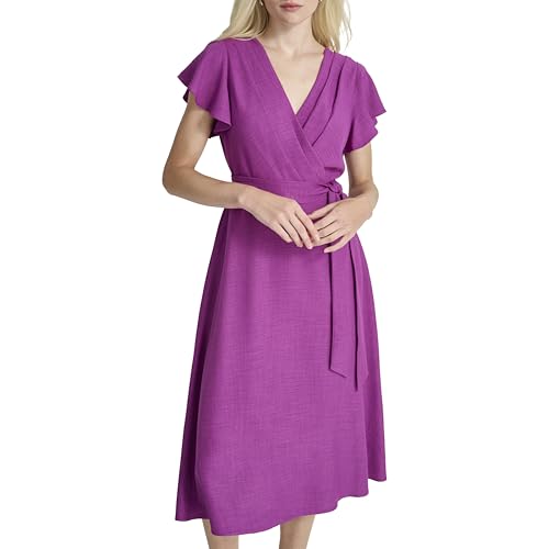Image of DKNY Women's Flutter Sleeve Tie Fit & Flare Midi Dress