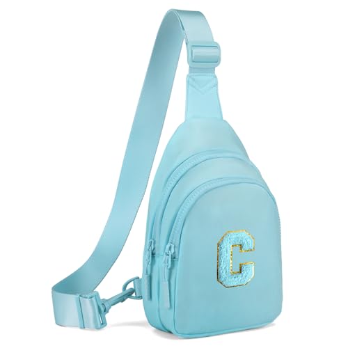 Viverte Small Sling Bag for Girls Women - Icing Blue - Personalized Initial Letter - Crossbody, Chest, Fanny Pack - Water Resistant - 6 Pockets - 53" Strap - Mother's Day Gift