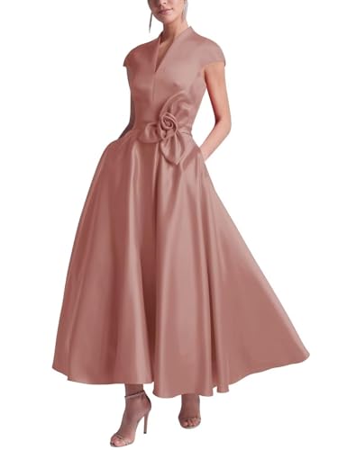 TIRAS Tea Length Mother of The Bride Dress Satin V-Neck Cap Sleeves Formal Evening Dress with Flowers CM460