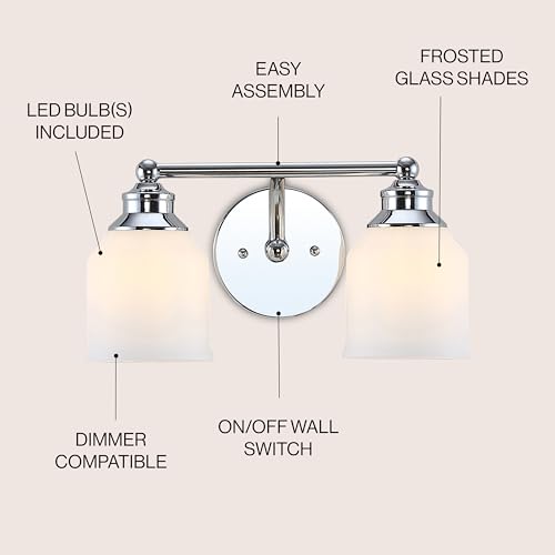 Image of JONATHAN Y 14 inch Chrome Modern Farmhouse LED Vanity Light Wall Sconce Fixture, Frosted White Glass Shade, Dimmable Wall Lamp for Bathroom Mirror Kitchen Sink, UL Listed (JYL7550A)