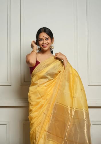 Image of Flosive inchWomen's Premium Pure Cotton Silk Saree with Golden Zari Border and Butti Work | Traditional Handloom Style Saree for Festive & Office Wear