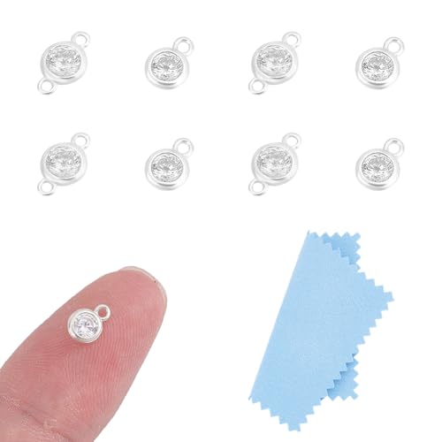 UNICRAFTALE About 8Pcs 2 Styles Cubic Zirconia Link Charm Birthstone Charm 925 Sterling Sliver Earring Charms Bracelet Crystal Charm Flat Round Connector Charms for Necklace Jewellery Making