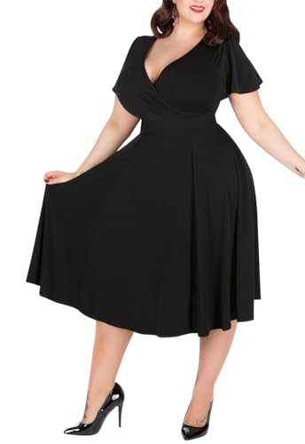 Nemidor Plus Size Dresses for Curvy Women Casual Summer V Neck Short Sleeve Midi Cocktail Vintage Dress with Pocket