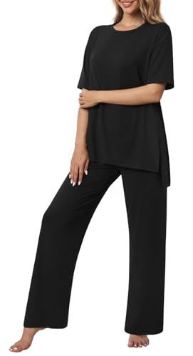 Netsmile Womens Plus Size Lounge Sets 2 Piece Pajamas Set Short Sleeve Long Pants Ladies Pjs Comfy Loungewear Outfits with Pockets, 2XL, Black