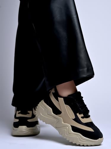 Image of Chunky Platform Sneakers for Women Colorblock || Lace-Up Athletic Shoes with Wavy Sole Design Casual and Party