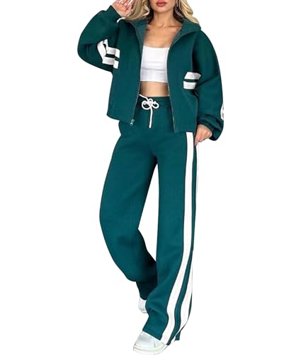 Survêtement Y2K femme avec veste zippée à rayures et pantalon large vert