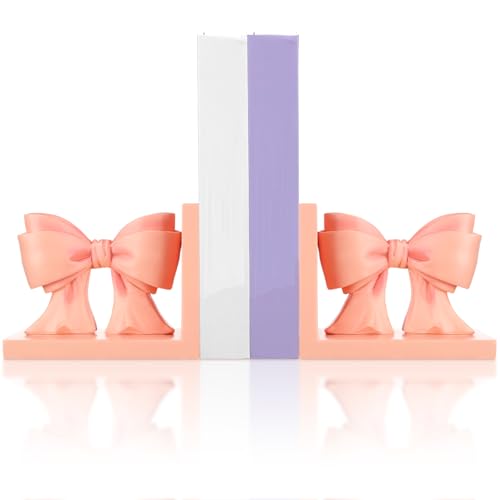 Image of Wovnet 2 Pcs Pink Bow Bookends Coquette Home Decor Cute Sculpture Book Ends Resin Pink Bookends Shelves Bow Nursery Decoration for Bedroom Home Office Nursery Decor Birthday Gift