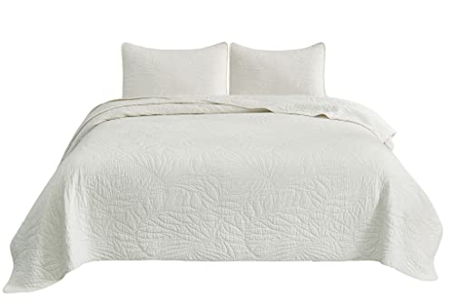 Chezmoi Collection Linden 3-Piece Pre-Washed Cotton Bedspread Coverlet Set - Floral Leaves Embroidered Quilt Set, King Size, Ivory #TOP5