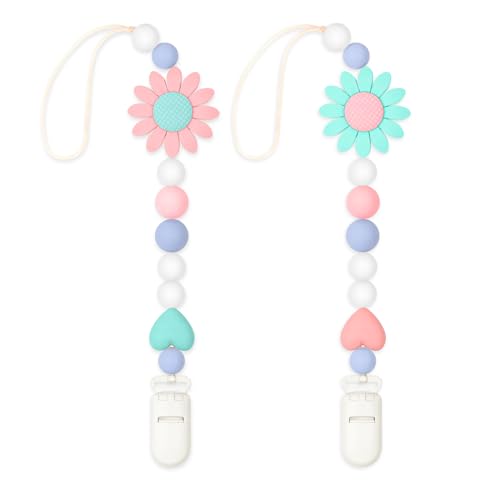 Image of LSTRAGY Silicone Pacifier Clip, 2 Pack Pacifier Holder for Boys and Girls, Adorable Sunflower Pacifier Clips Fits for Most Pacifier, Baby Teethers, Baby Shower and Baby Gift(Pink&Green)