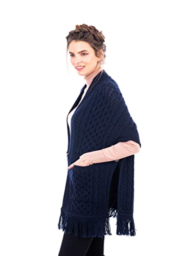 Image of SAOL 100% Merino Wool Shawl /Poncho Sweater /Open Cardigan /Wool Cape with Pockets with Fringe Trim and Trinity Knot Button