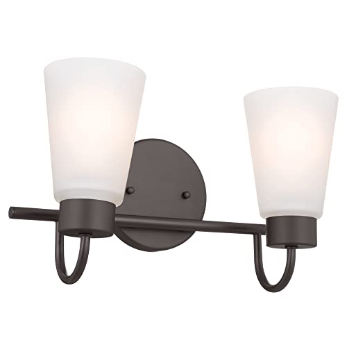 Image of Kichler Erma 2-Light Bathroom Vanity Light Fixture with Satin Etched Glass Shades, Updated Traditional Wall Sconce in Olde Bronze for Mirror (13.5 inch x 8.5 inch x 6 inch), 55125OZ