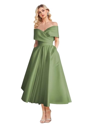 Image of Women's Off Shoulder Wedding Dress for Bride Tea Length A Line Satin Formal Prom Dresses with Pockets